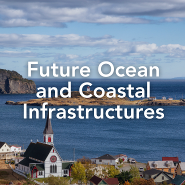 A picture of a coastal community featuring an old steepled white wooden church and the blue ocean, with the words Future Ocean and Coastal Infrastructures written on top